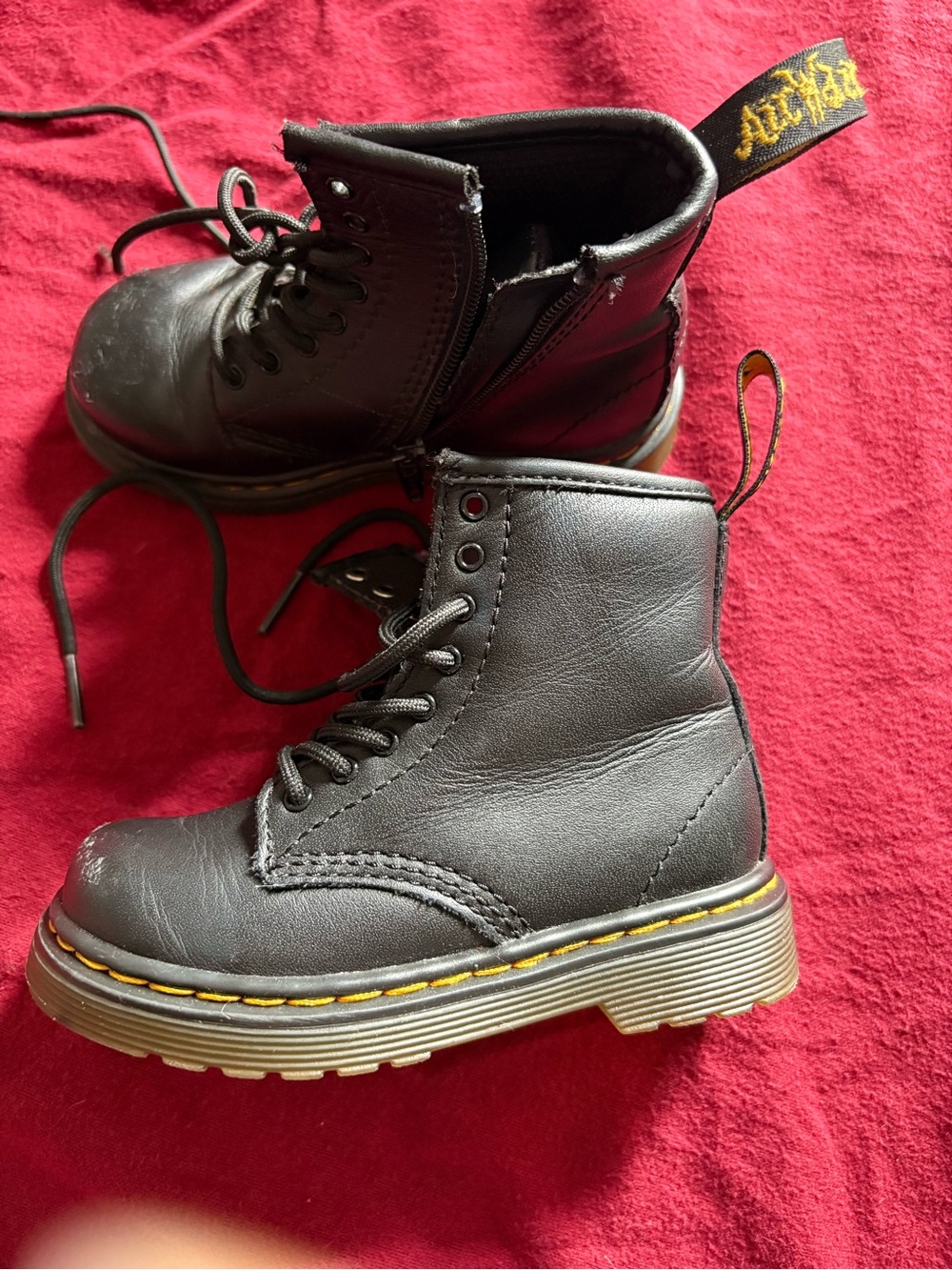 Dr.Martens Kids Black Lace-Up Combat Boots with Yellow Stitching